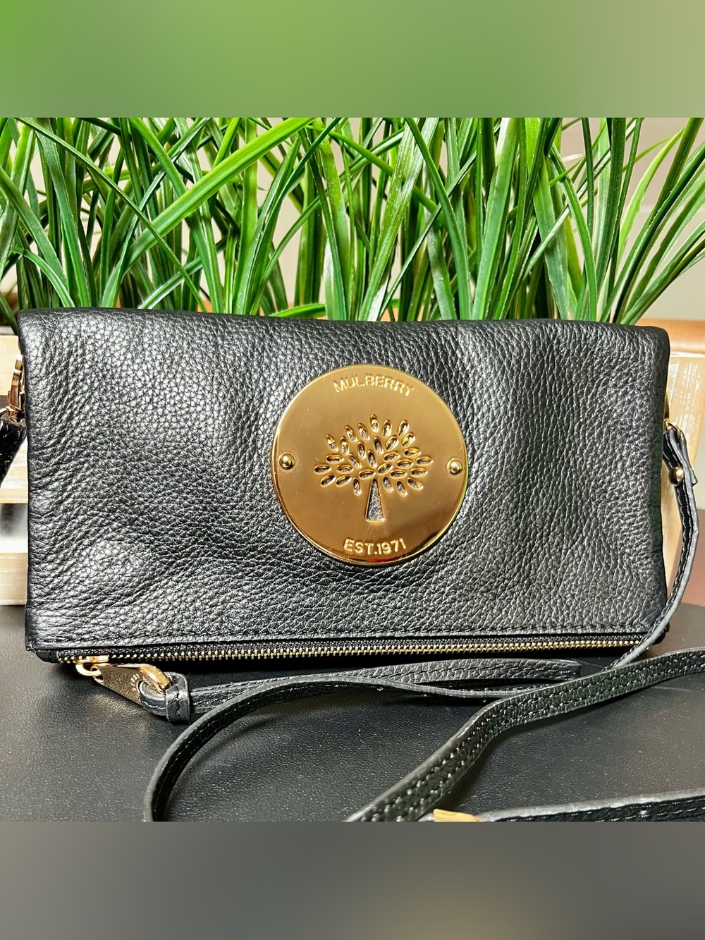 MULBERRY Classic Daria Spongy Pebbled Black Leather Fold-Over Clutch